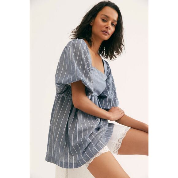 New Free People Striped Gigi Tunic $108 Size Small Blue Smocked - Picture 2 of 4